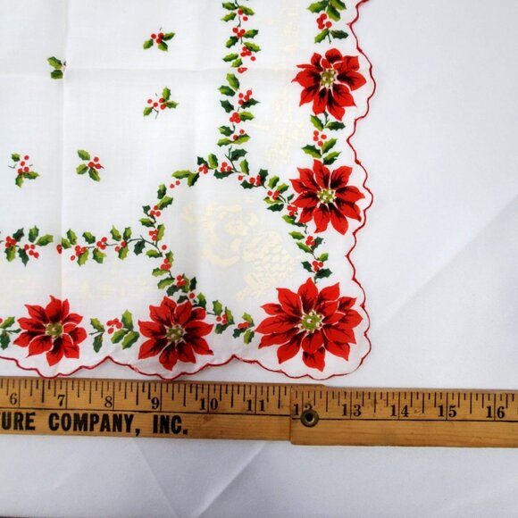 Vintage Christmas Poinsettia & Holly Handkerchief 13"x13" Square Cotton - Picture 8 of 9